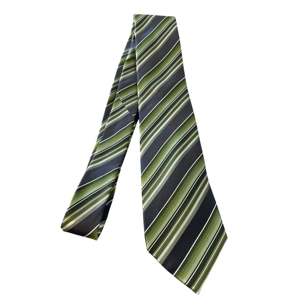Geoffrey Beene Mens Silk Tie Green Gray Stripe 100% Silk Professional Career